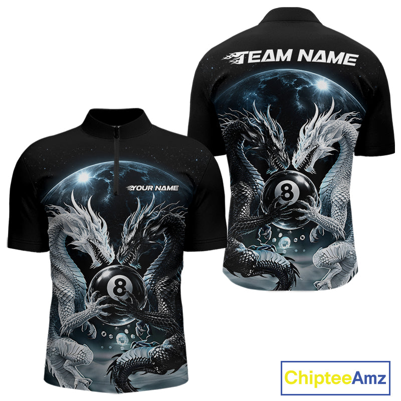 Front and back views of a black short-sleeve quarter-zip shirt with a detailed 3D dragon and billiards graphic. The front features a white text placeholder 'YOUR NAME' and the back features 'TEAM NAME' 