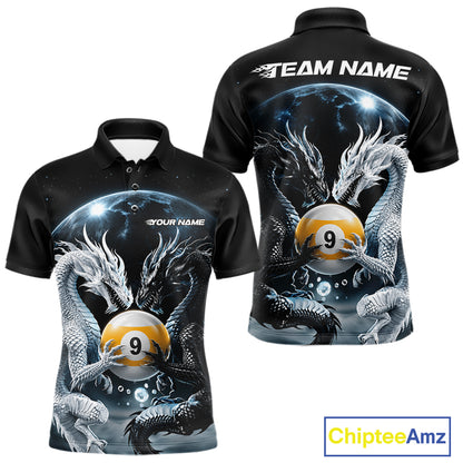 Front and back views of a black short-sleeve polo shirt with a detailed graphic print featuring two white dragons around a yellow 9-ball pool ball, set against a space-themed background with a planet and stars. The front shows 'YOUR NAME' and the back shows 'TEAM NAME' in white text.