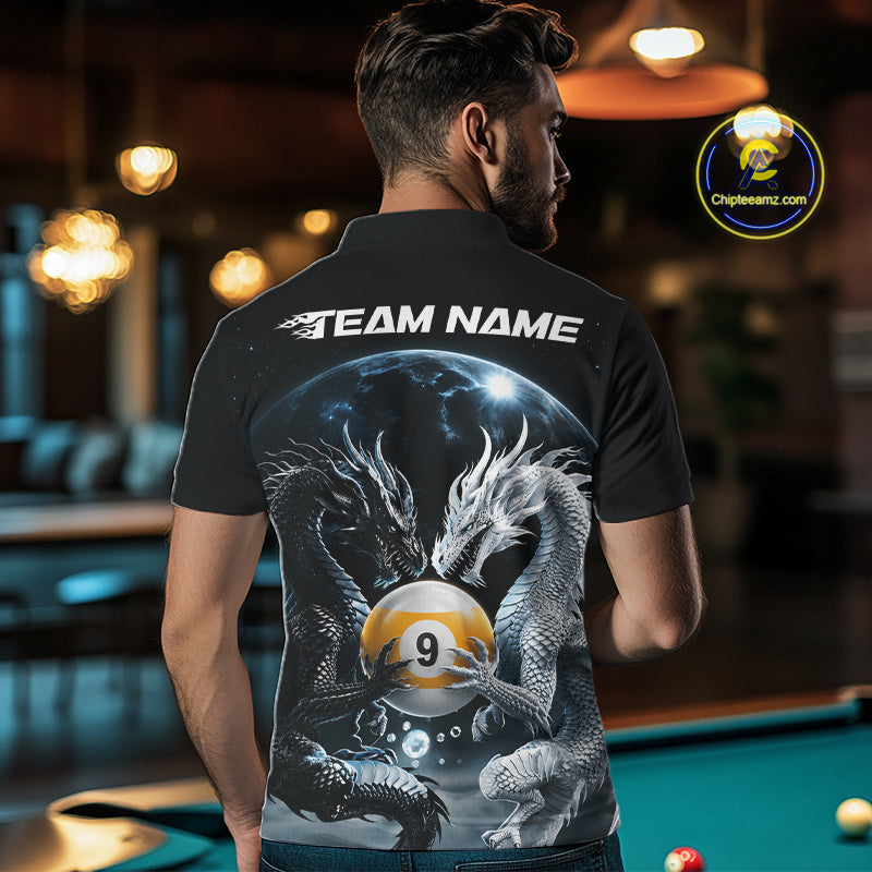 A man viewed from behind wearing a black short-sleeve billiard polo shirt with a large back graphic featuring two white dragons around a yellow billiard ball with the number 9, and the text 'TEAM NAME' across the upper back. 