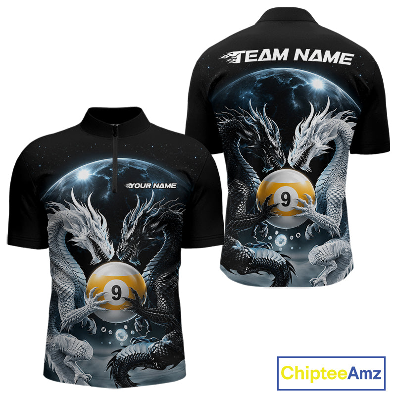 Front and back views of a black short-sleeve shirt with a full-zip collar, featuring a detailed graphic print of two white dragons around a yellow billiard 9-ball on a space-themed background. 