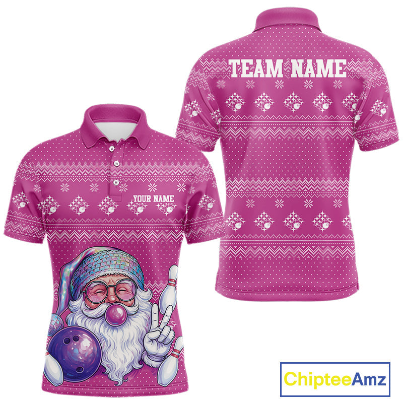 Custom Funny Santa Christmas Men Bowling Polo Shirts, Bright Magenta Xmas Team Outfit IPHW10144
