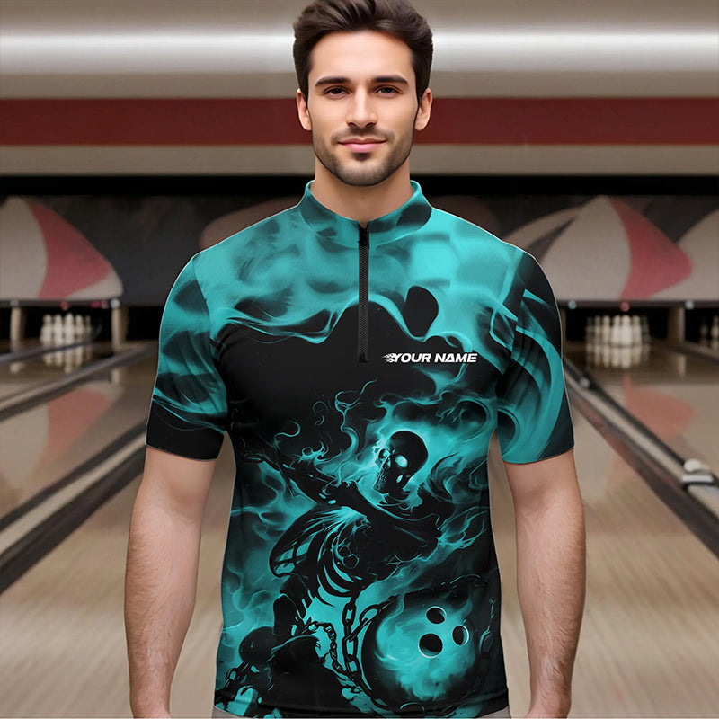 Black And Blue Flame Custom Skeleton Bowling Quarter-Zip Shirt For Men, Skull Bowling League Shirt IPHW8409
