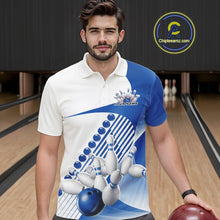 Load image into Gallery viewer, Custom White And Blue Bowling Ball And Pins Men Polo Shirt, Bowling Team Jerseys IPHW11319