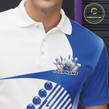 Load image into Gallery viewer, Custom White And Blue Bowling Ball And Pins Men Polo Shirt, Bowling Team Jerseys IPHW11319