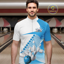 Load image into Gallery viewer, Custom White And Light Blue Bowling Ball And Pins Men Quarter-Zip Shirt, Bowling Team Jerseys IPHW11321