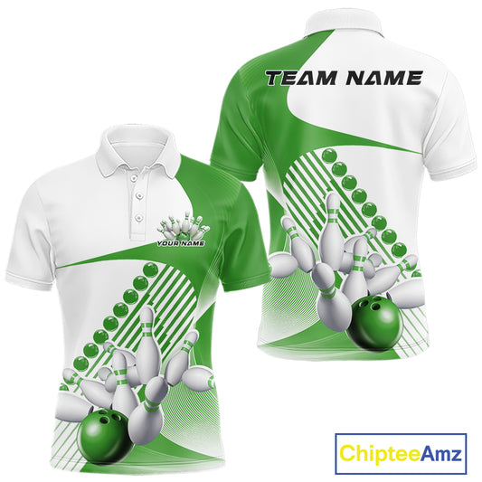 Front and back view of a mens bowling polo shirt mockup in white and green, featuring asymmetric wavy geometric stripes with a dynamic bowling strike graphic.