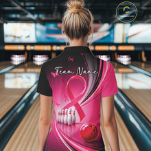 Load image into Gallery viewer, Back view of a female model in a black and pink bowling polo with breast cancer awareness ribbon artwork and bowling graphics