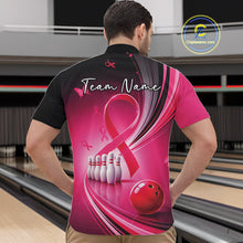 Load image into Gallery viewer, Front view of a male model in a black and pink bowling quarter zip featuring breast cancer awareness ribbons and bowling graphics
