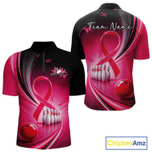 Load image into Gallery viewer, Front and back mockup of a men's black and pink bowling quarter zip featuring breast cancer awareness ribbons and bowling graphics