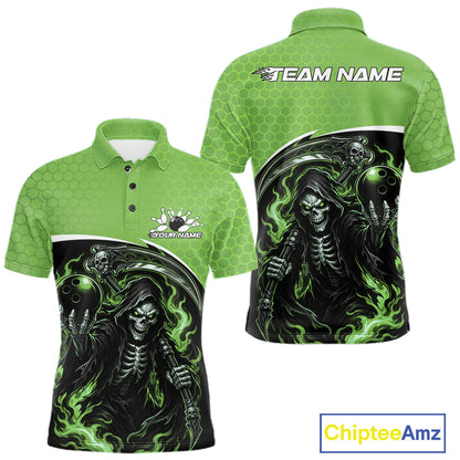 Front and back views of a green short-sleeve polo shirt with a black and green grim reaper graphic, featuring customizable text areas on the chest and back