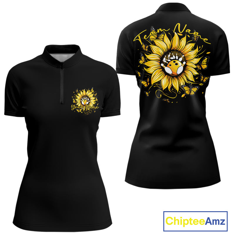 Custom Butterfly Sunflower Bowling Women Quarter-Zip Shirts, Bowling Tournament Shirt IPHW10264