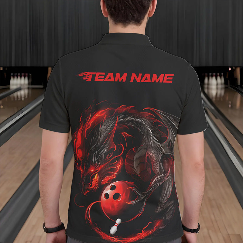 Custom Black And Red Dragon Bowling Polo Shirts For Men, Dragon Bowling Tournament Team Shirt IPHW8418