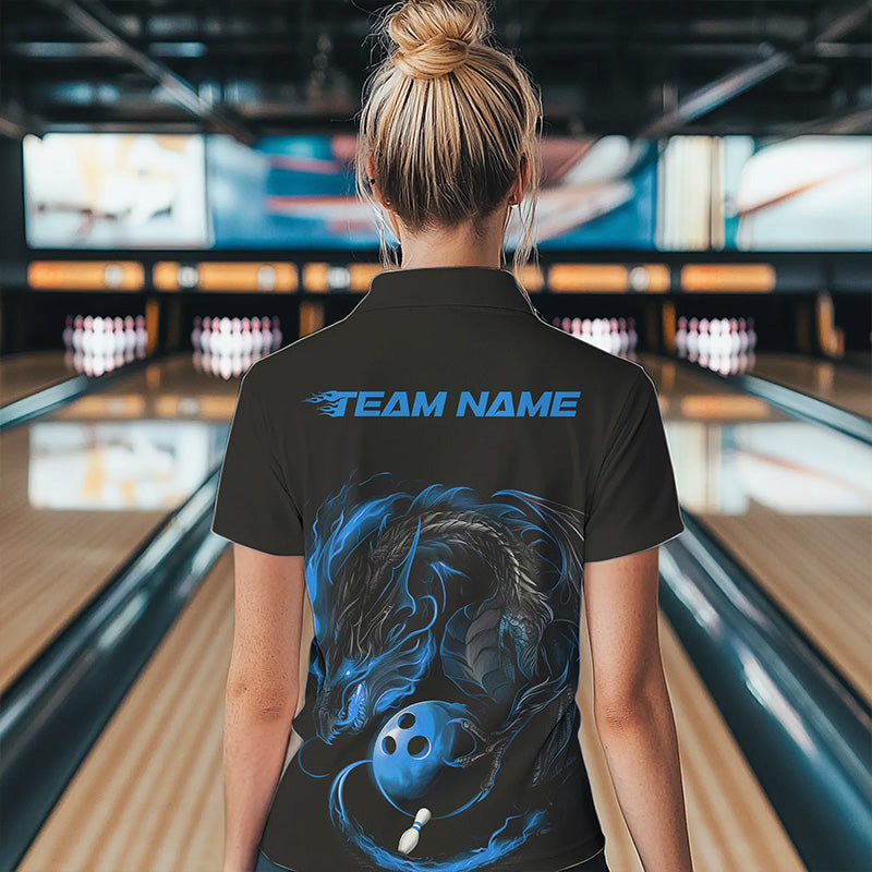 Custom Black And Blue Dragon Bowling Womens Quarter-Zip Shirts, Dragon Bowling Team Shirt IPHW8419