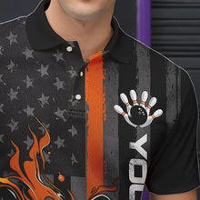 Load image into Gallery viewer, Orange Line American Flag Custom Patriotic Flame Bowling Polo Shirts For Men, US Bowling Shirt IPHW8635