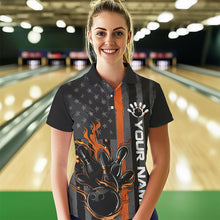 Load image into Gallery viewer, Orange Line American Flag Custom Patriotic Flame Women Bowling Polo Shirt, US Bowling Shirt IPHW8635