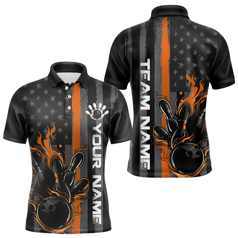 Orange Line American Flag Custom Patriotic Flame Bowling Polo Shirts For Men, US Bowling Shirt IPHW8635
