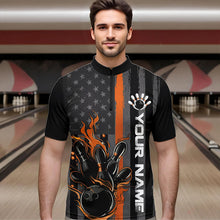 Load image into Gallery viewer, Orange Line American Flag Custom Patriotic Flame Bowling Quarter-Zip Shirt For Men, US Bowling Shirt IPHW8635