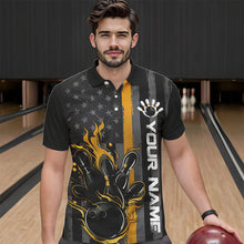Load image into Gallery viewer, Yellow Line American Flag Custom Patriotic Flame Bowling Polo Shirts For Men, US Bowling Shirt IPHW8636