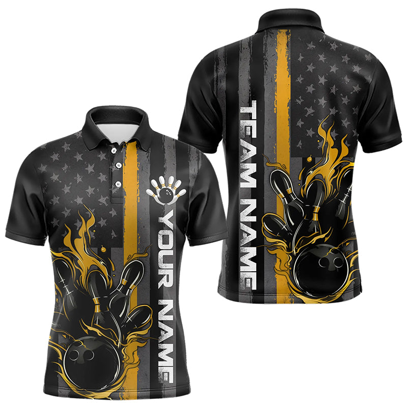 Yellow Line American Flag Custom Patriotic Flame Bowling Polo Shirts For Men, US Bowling Shirt IPHW8636