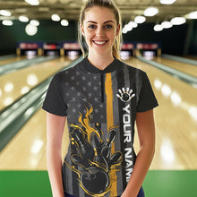 Load image into Gallery viewer, Yellow Line American Flag Custom Patriotic US Flame Bowling Womens Quarter-Zip Shirts IPHW8636