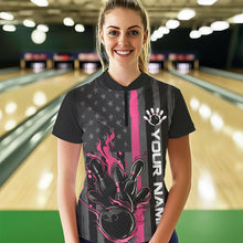 Load image into Gallery viewer, Pink Line American Flag Custom Patriotic US Flame Bowling Womens Quarter-Zip Shirts IPHW8637
