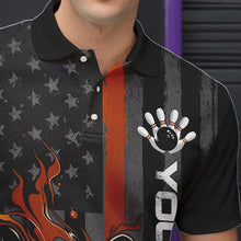 Load image into Gallery viewer, Brown Line American Flag Custom Patriotic Flame Bowling Polo Shirts For Men, US Bowling Shirt IPHW8638
