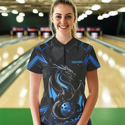 Custom Black And Blue Dragon Bowling Womens Quarter-Zip Shirts, Dragon Bowling Uniform IPHW8639