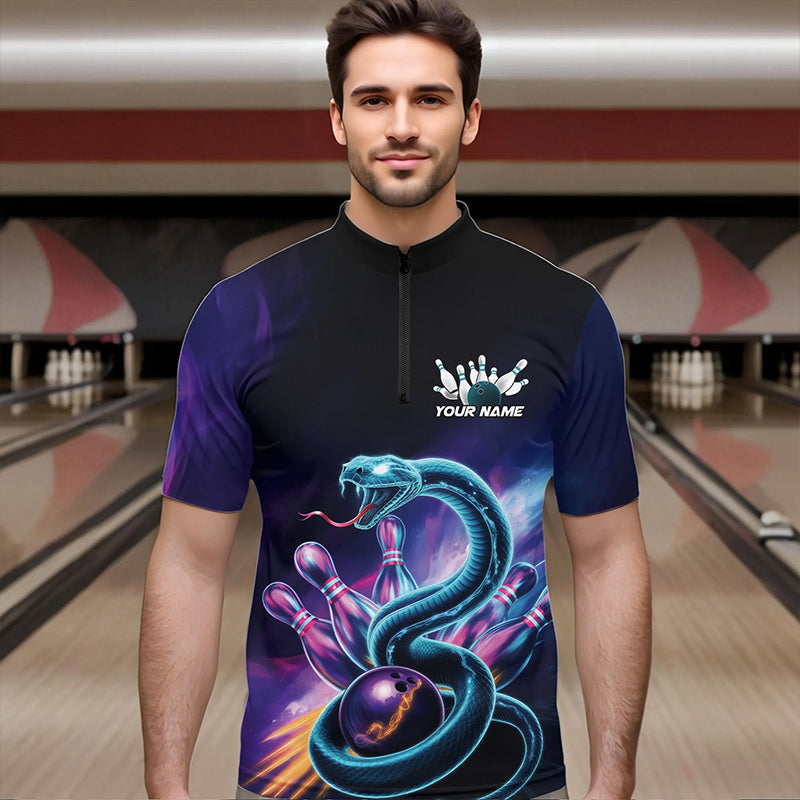 Custom Blue And Purple Galaxy Snake Bowling Quarter-Zip Shirts For Men, Bowling League Team Uniform IPHW8646