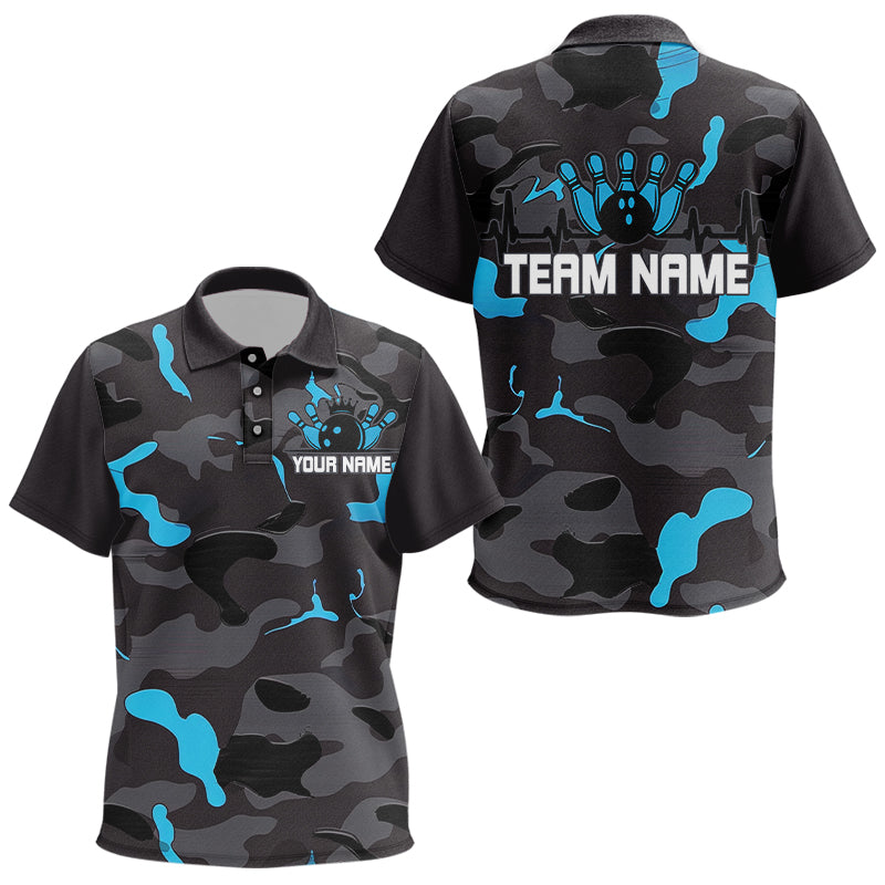 Blue Camo Bowling Pulse Heartbeat Custom Team Shirts For Kid, Camouflage Bowler Outfit IPHW6488