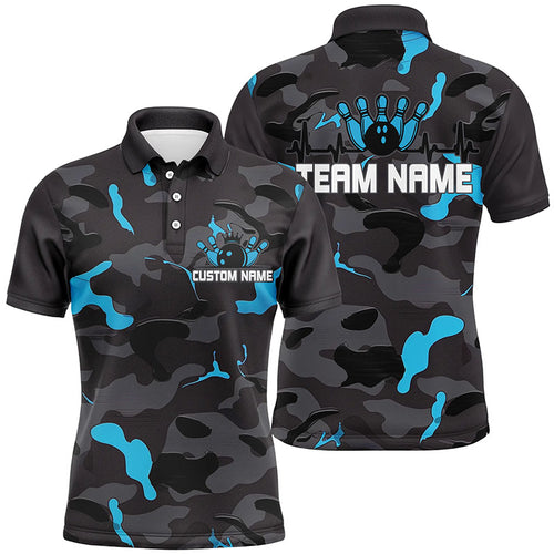 Blue Camo Bowling Pulse Heartbeat Custom Team Shirts For Men And Women, Camouflage Bowler Outfit IPHW6488