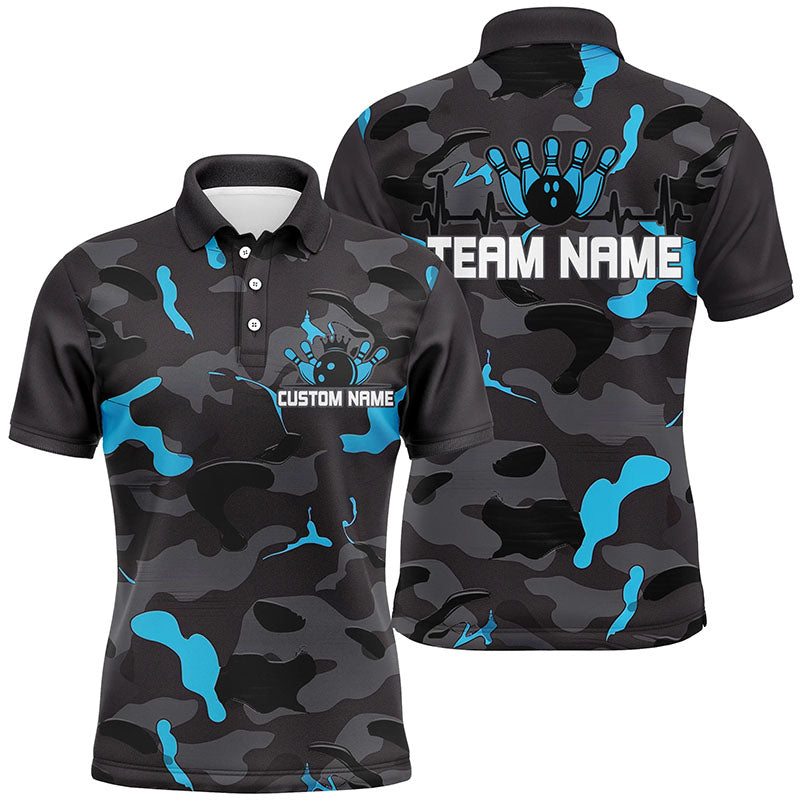 Blue Camo Bowling Pulse Heartbeat Custom Team Shirts For Men And Women, Camouflage Bowler Outfit IPHW6488
