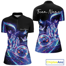 Load image into Gallery viewer, Front and back mockup of a women's black bowling quarter zip featuring starry galaxy artwork, neon swirls, and hologram butterflies