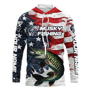 Custom Musky Fishing American Flag Long Sleeve Fishing Shirts, Patriotic Musky Fishing Shirts IPHW6825