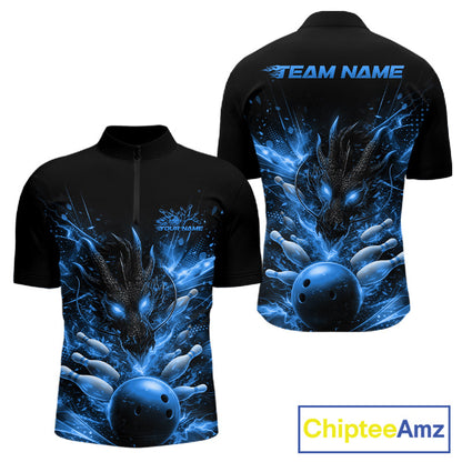 Custom Blue Fire Flame Dragon Bowling Jerseys. Dragon Bowling Men Quarter-Zip Shirt IPHW10282