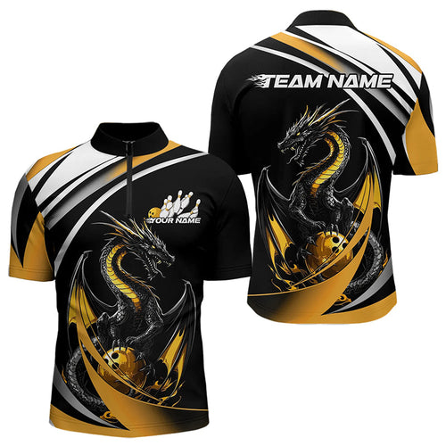 Custom Black And Gold Dragon Bowling Jerseys, Dragon Bowling Team Quarter-Zip Shirts For Men IPHW8651