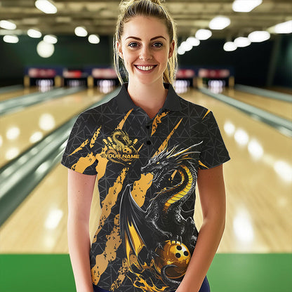 Custom Black And Gold Dragon Bowling Team Polo Shirts For Women, Dragon Bowling Jerseys IPHW8923