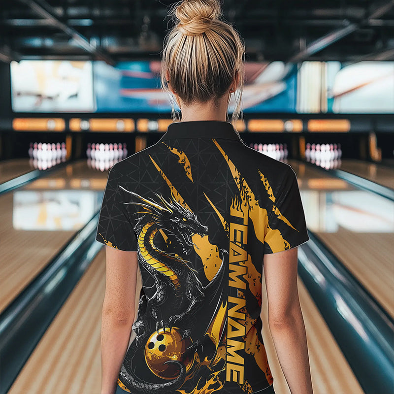 Custom Black And Gold Dragon Bowling Team Polo Shirts For Women, Dragon Bowling Jerseys IPHW8923