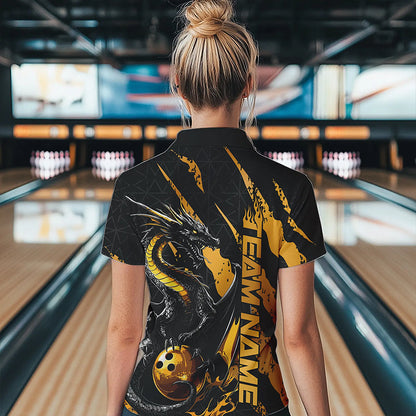 Custom Black And Gold Dragon Bowling Team Polo Shirts For Women, Dragon Bowling Jerseys IPHW8923