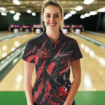 Custom Black And Red Dragon Bowling Team Polo Shirts For Women, Dragon Bowling Jerseys IPHW8924