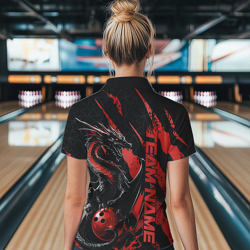 Custom Black And Red Dragon Bowling Team Polo Shirts For Women, Dragon Bowling Jerseys IPHW8924