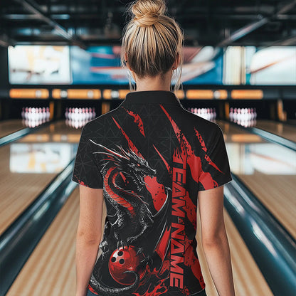 Custom Black And Red Dragon Bowling Team Polo Shirts For Women, Dragon Bowling Jerseys IPHW8924