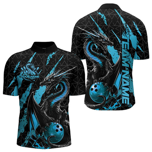 Custom Black And Blue Dragon Bowling Team Quarter-Zip Shirts For Men, Dragon Bowling Jerseys IPHW8925