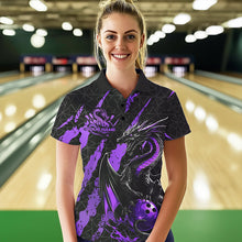 Load image into Gallery viewer, Custom Black And Purple Dragon Bowling Team Polo Shirts For Women, Dragon Bowling Jerseys IPHW8926
