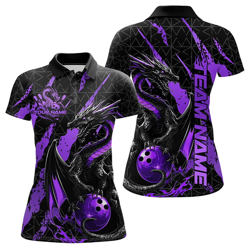 Custom Black And Purple Dragon Bowling Team Polo Shirts For Women, Dragon Bowling Jerseys IPHW8926
