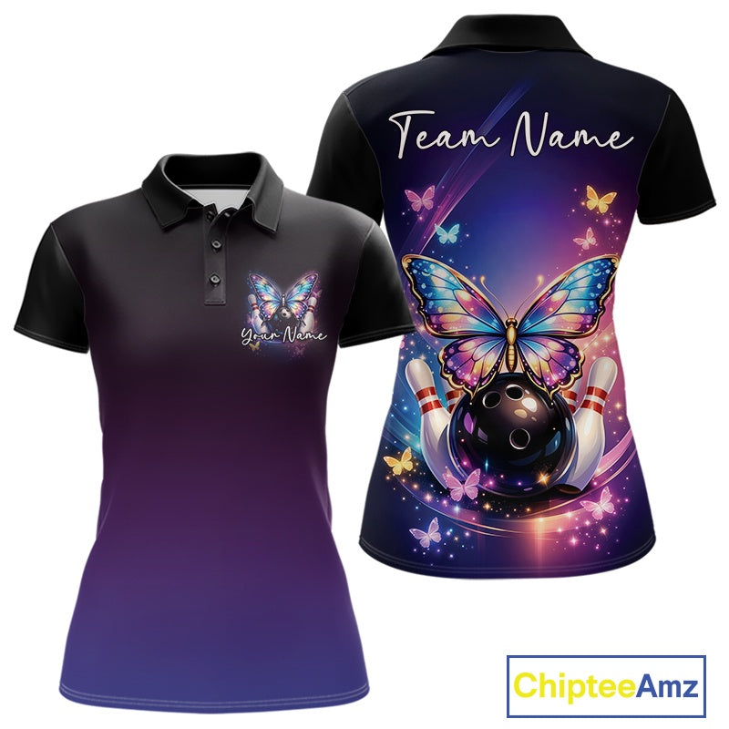 Front and back view of a colorful women’s bowling polo shirt featuring glowing butterflies on a bowling ball with fallen pins and cosmic accents.