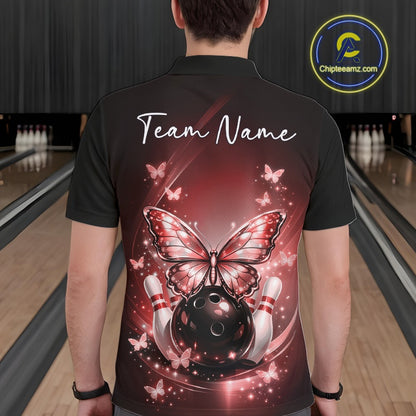Back view of a male model in a red bowling polo shirt showcasing cosmic bowling artwork with glowing butterflies, a bowling ball, and scattered pins.
