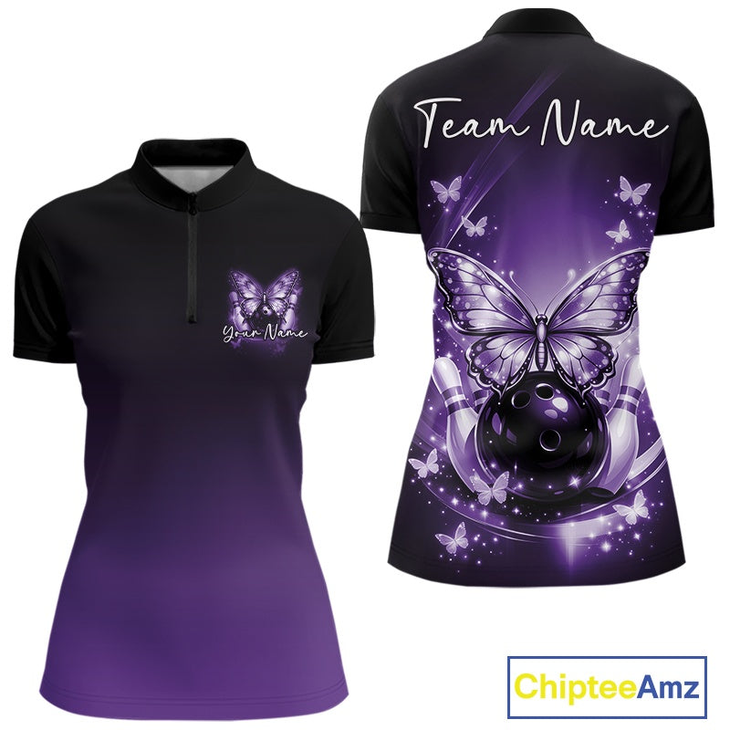 Front and back view of a purple women’s bowling quarter-zip shirt showcasing glowing butterflies on a bowling ball, fallen bowling pins, and cosmic accents.