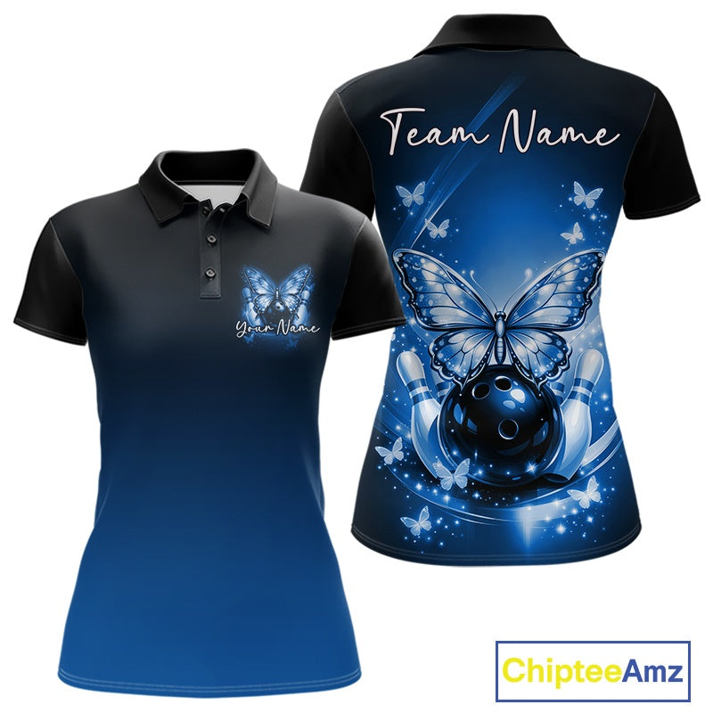Front and back view of a blue women’s bowling polo shirt featuring glowing butterflies on a bowling ball, fallen bowling pins, and a cosmic theme.