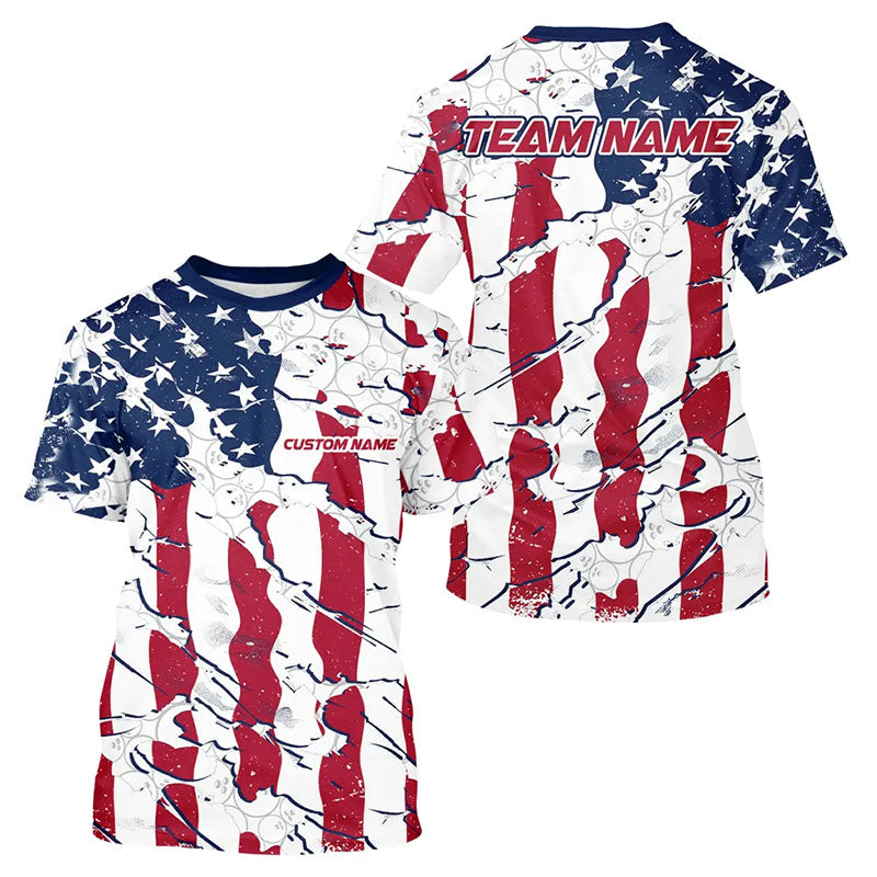 Bowling Ball Pattern US Flag Custom Men T-Shirts Bowling Team, Patriotic Bowling Jersey IPHW6493