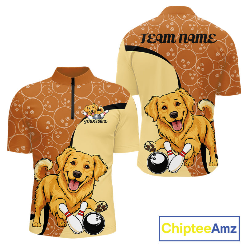 Custom Cute Funny Golden Retriever Dog Bowling Men Quarter-Zip Shirts, Dog Lovers Bowling Shirt IPHW10285